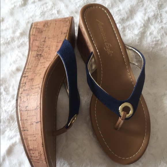 American Eagle By Payless Shoes - American Eagle Denim and Cork Wedge Sandals. S 8